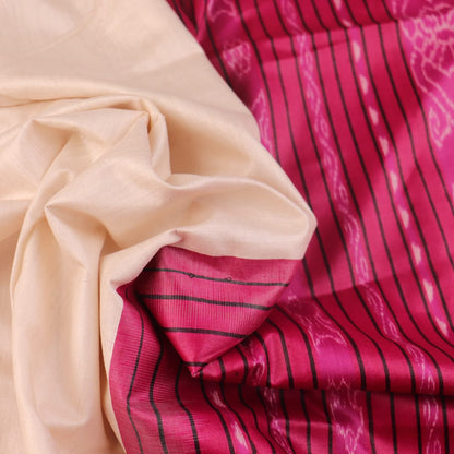 Close-up of plain white and black handloom Tussar Silk saree fabric texture.