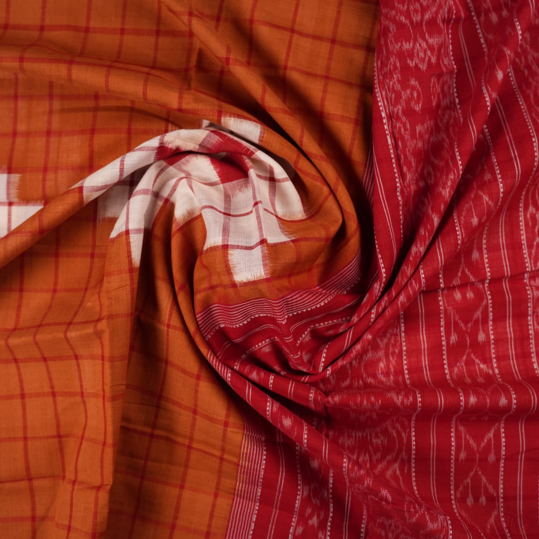 Elegant drape of a brown and red Pasapalli Sambalpuri cotton saree on a model for styling