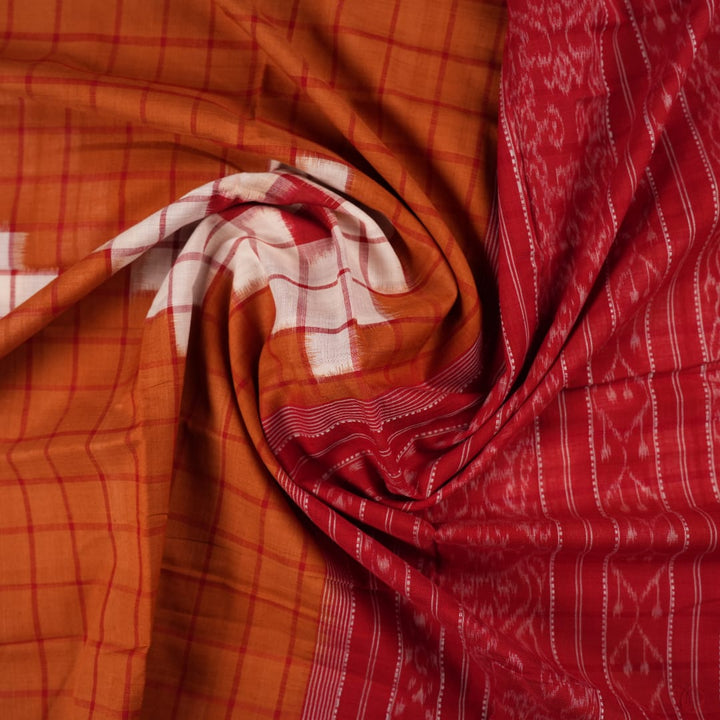 Elegant drape of a brown and red Pasapalli Sambalpuri cotton saree on a model for styling