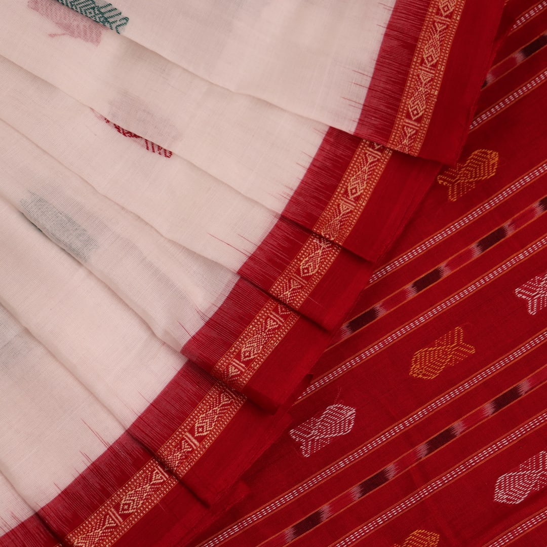 White cotton Bomkai saree with red butta pattern, full product view