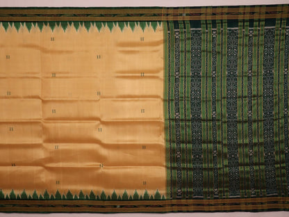 Off-white silk Khandua saree draped over a model, showcasing its intricate butta pattern and green accents.