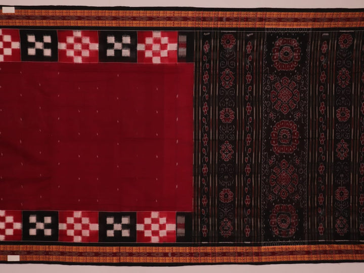 Full view of a maroon Sambalpuri cotton saree with a black Pasapalli pattern.