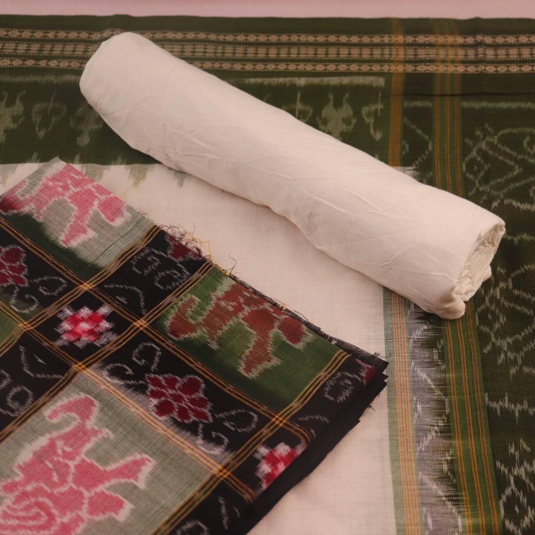 Detail of green and black Pasapalli Sambalpuri cotton dress material blouse piece.