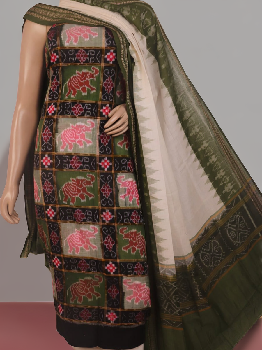 Detail of green and black Pasapalli Sambalpuri cotton dress material blouse piece.