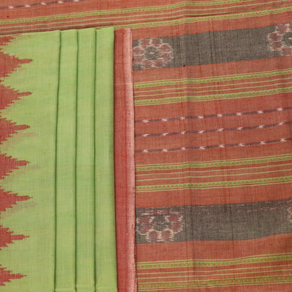 Full view of a plain green and brown Sambalpuri cotton saree.