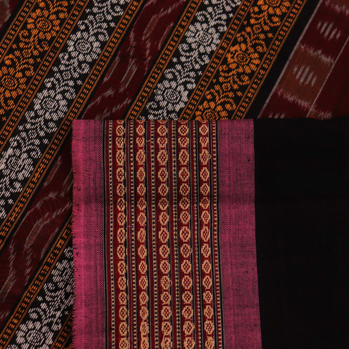 Full view of maroon cotton Bomkai saree with pink butta weave