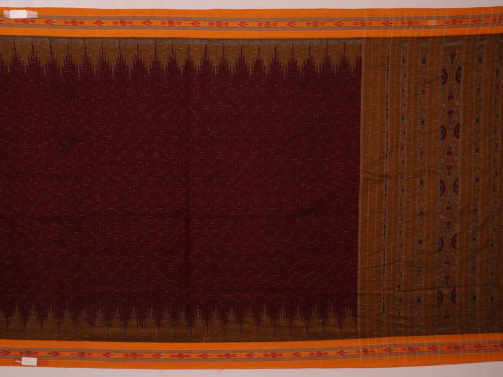 Styling view of a plain maroon and yellow Sambalpuri cotton saree.