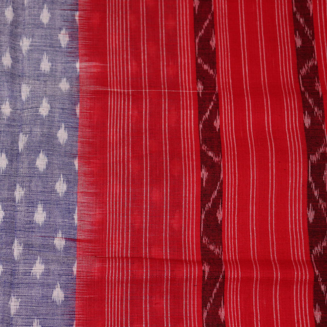 Grey and red Sambalpuri cotton dupatta styled in a draped view