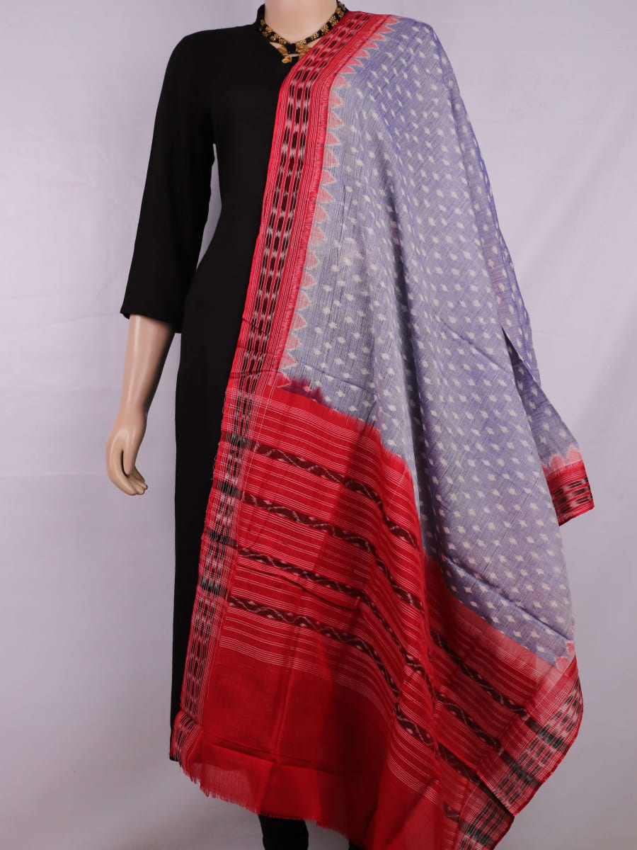 Grey and red Sambalpuri cotton dupatta styled in a draped view