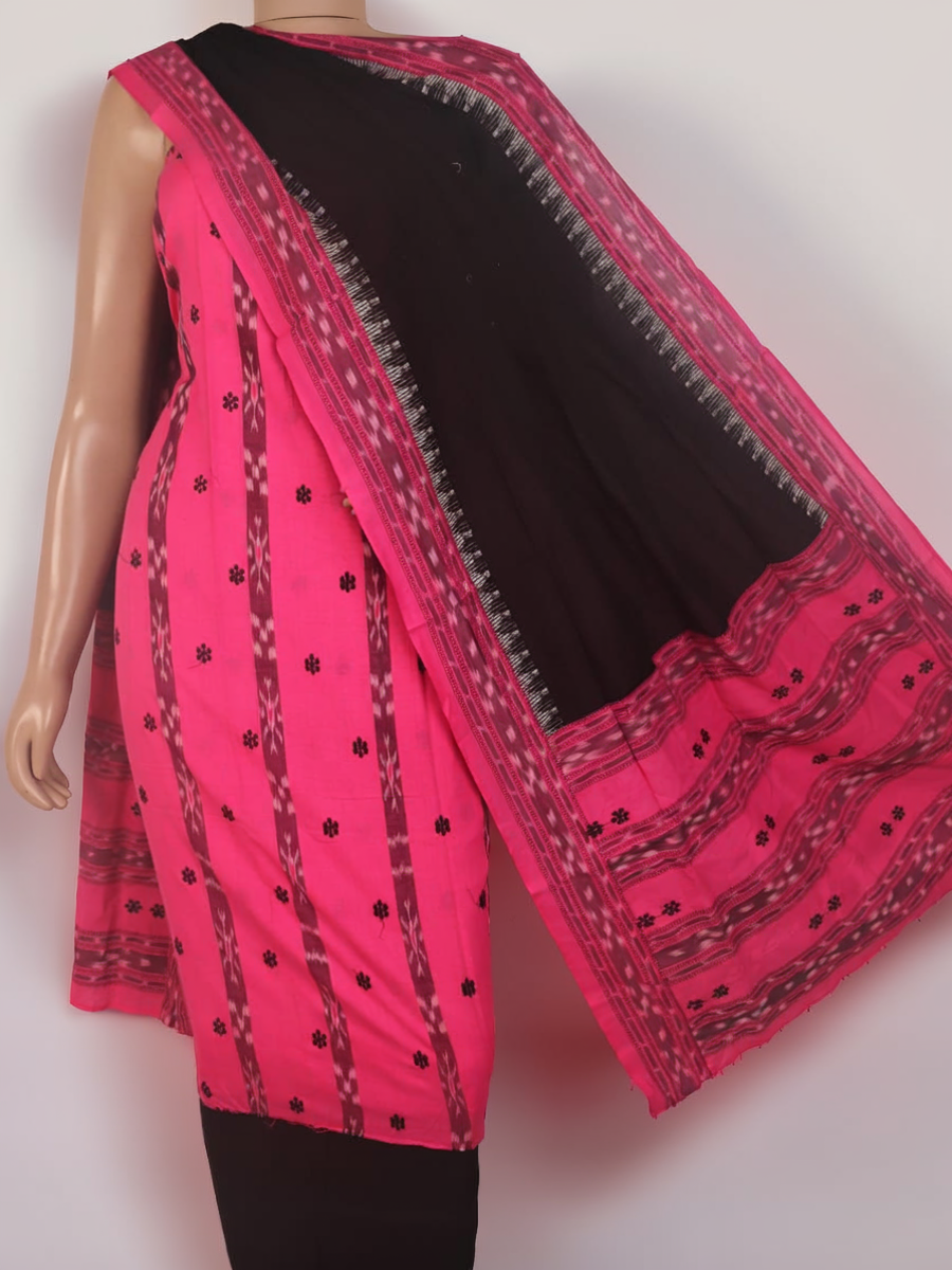 Blouse piece detail of pink and black Sambalpuri cotton motif dress material.