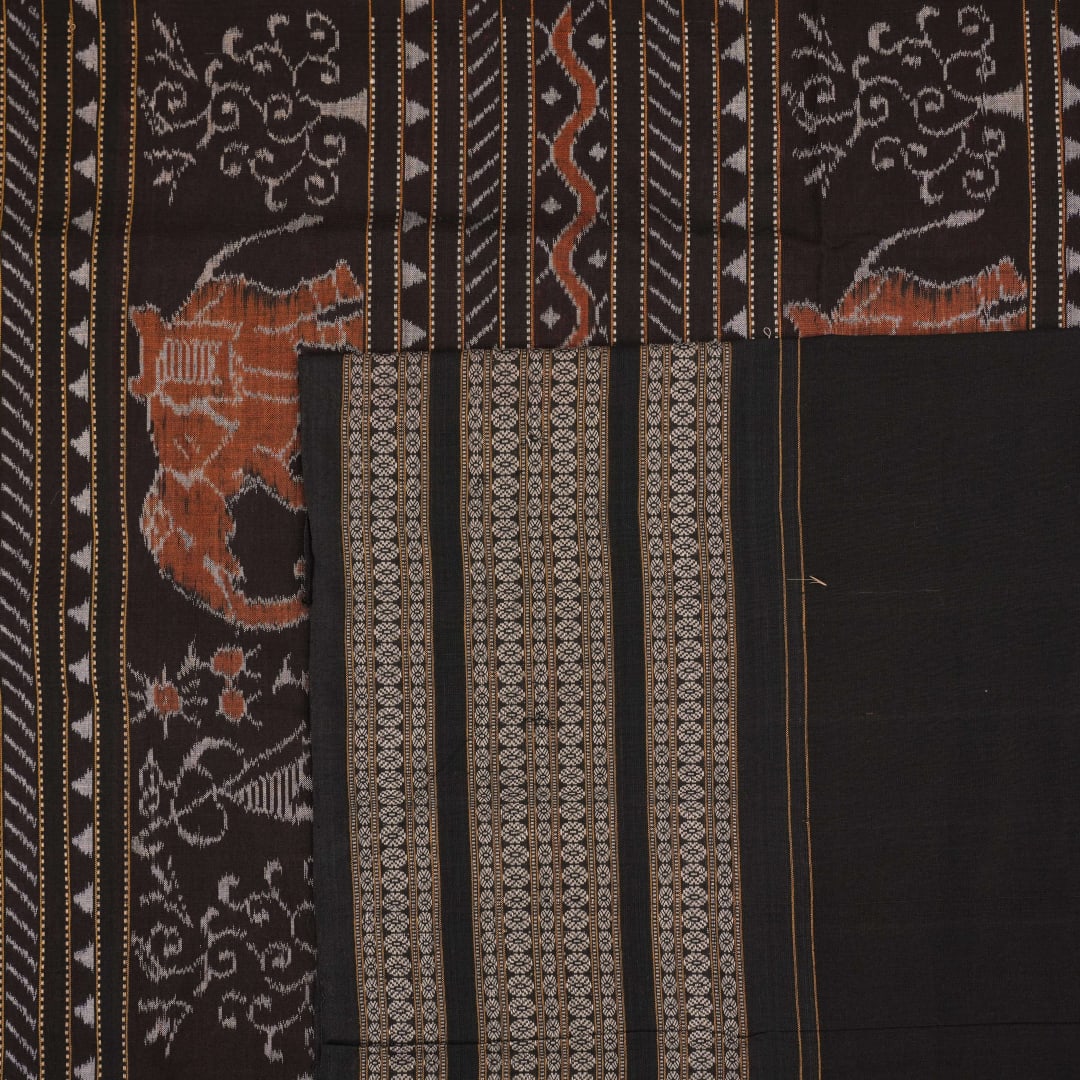 Flat layout view of the red and black Sambalpuri cotton saree showing the body, border, and pallu.