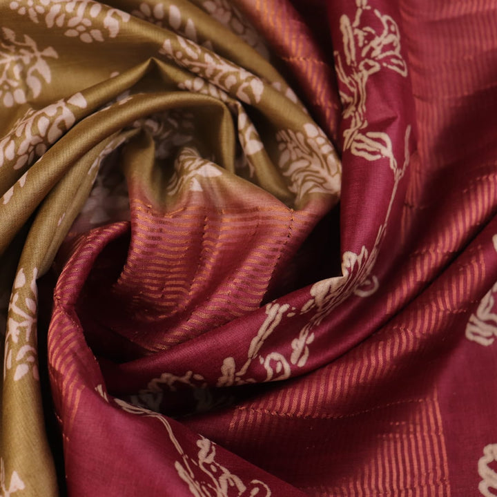 Close-up of the distinctive slub texture of a multi-color printed Tussar Silk saree.