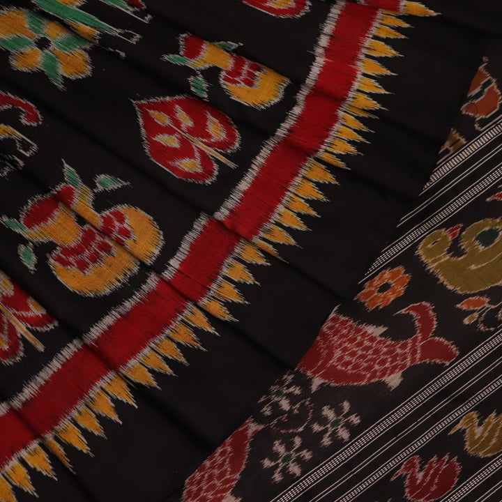 Full view of a black silk Khandua saree with intricate motifs