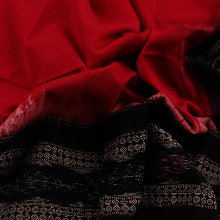 Image 5: Styled view of a Red and Black plain-patterned Sambalpuri Cotton Dupatta