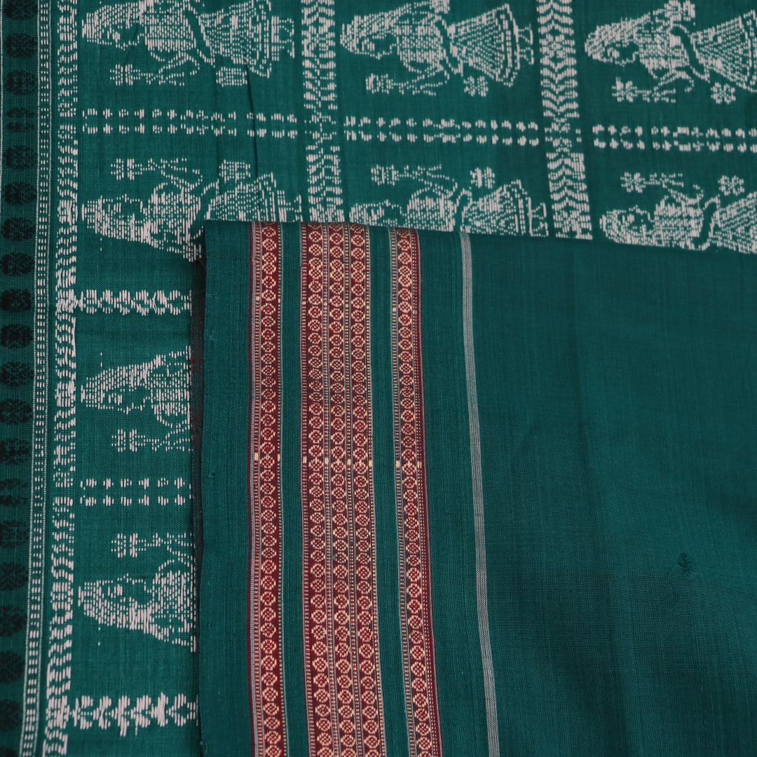 Full view of a red and green Bomkai Cotton Saree featuring a doll pattern.