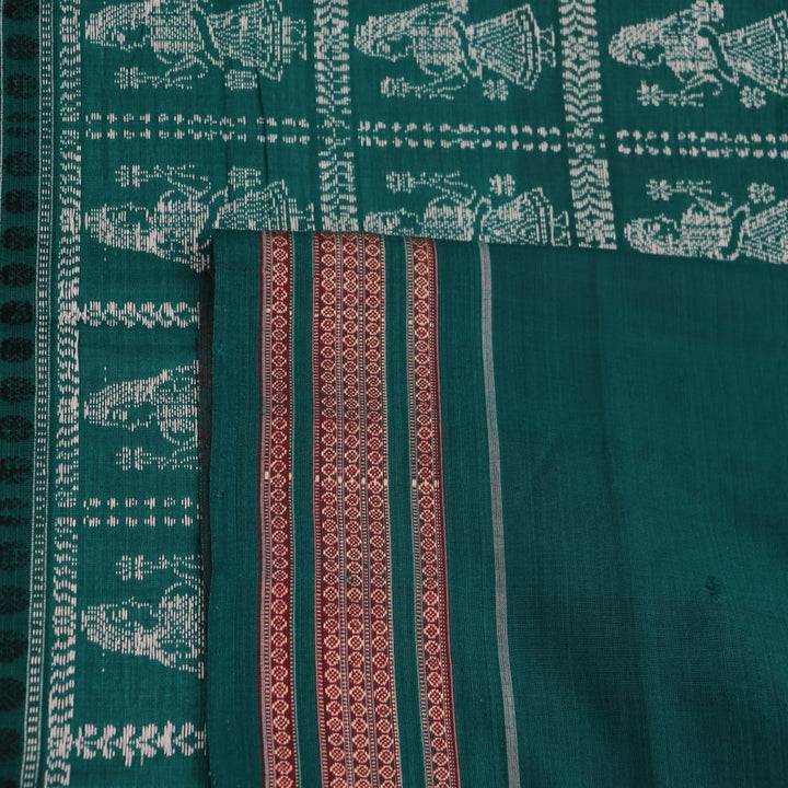 Full view of a red and green Bomkai Cotton Saree featuring a doll pattern.
