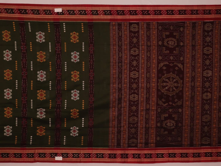 Full view of a green and rust cotton Bomkai saree with traditional butta patterns.