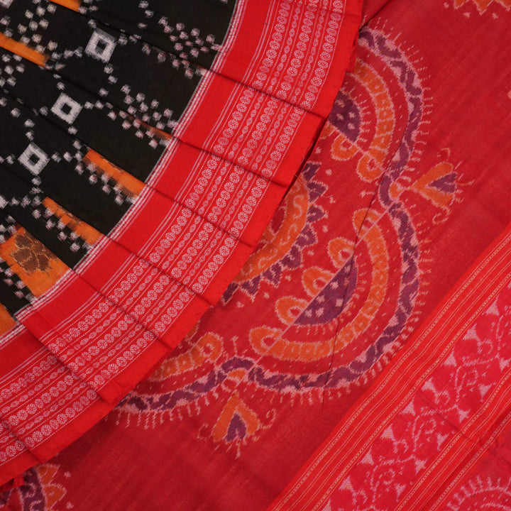 Model draped in a traditional black and red Pasapalli Sambalpuri cotton saree for an elegant ethnic look.