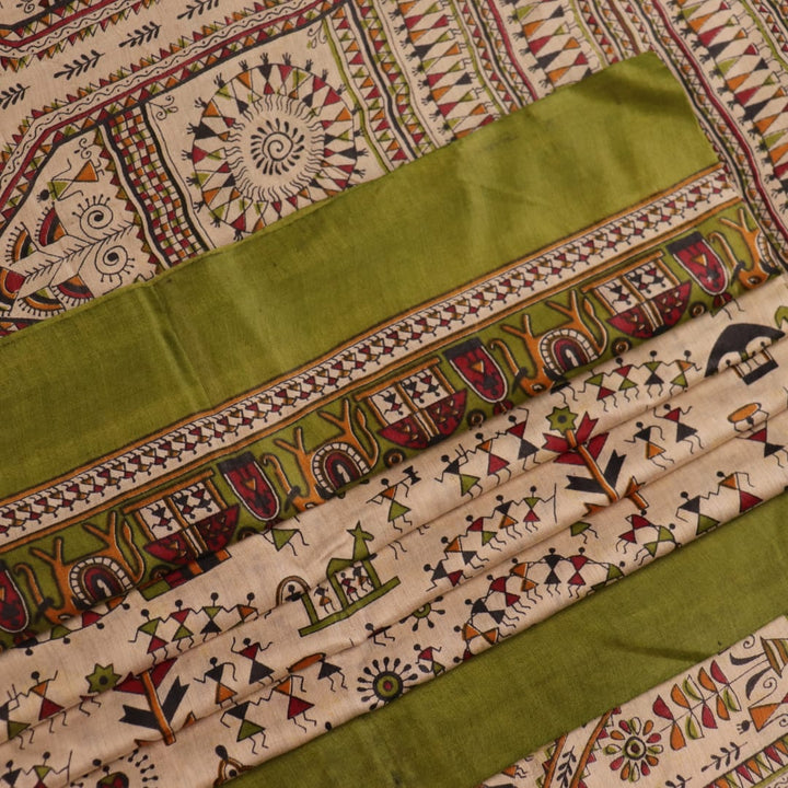 Close-up of multi-color Tussar silk saree with handwoven motifs in green