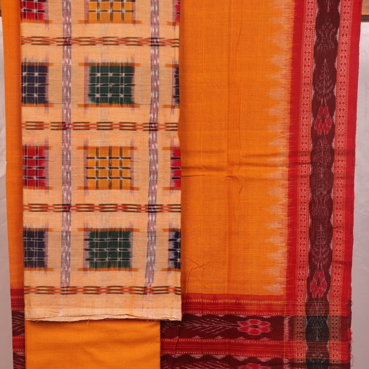 Detail of cream and yellow motif Sambalpuri cotton blouse piece.