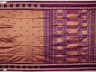 Close-up of the smooth, lustrous texture of multi-color and violet Bomkai silk saree, featuring butta weave.