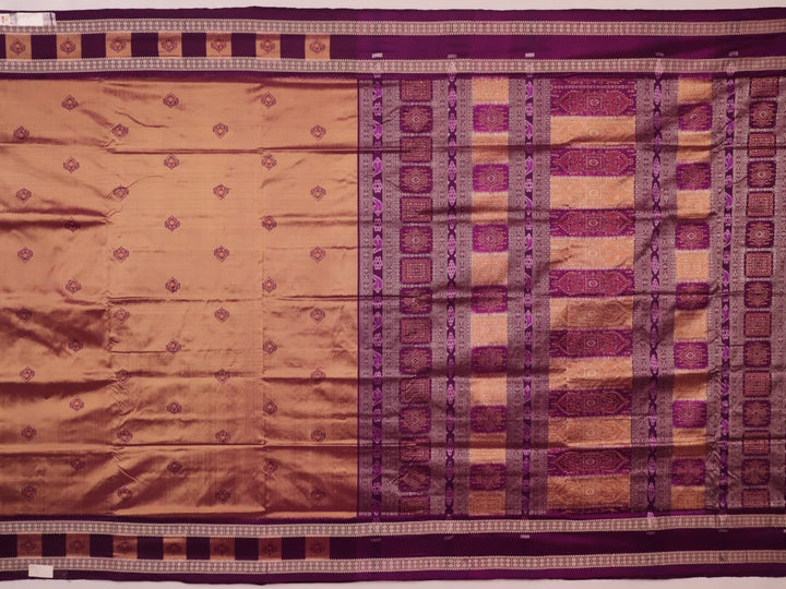 Close-up of the smooth, lustrous texture of multi-color and violet Bomkai silk saree, featuring butta weave.