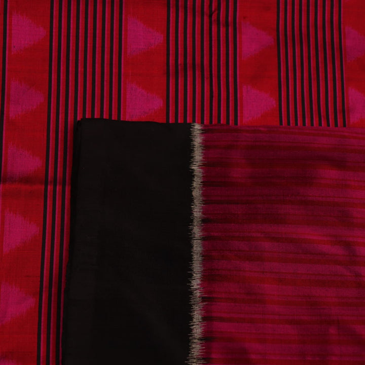 Full view of an intricately patterned black silk Khandua saree with black motifs