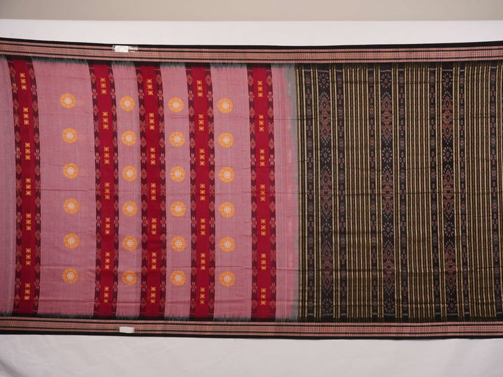 Full layout of the black and multi-color striped Sambalpuri cotton saree showing entire design