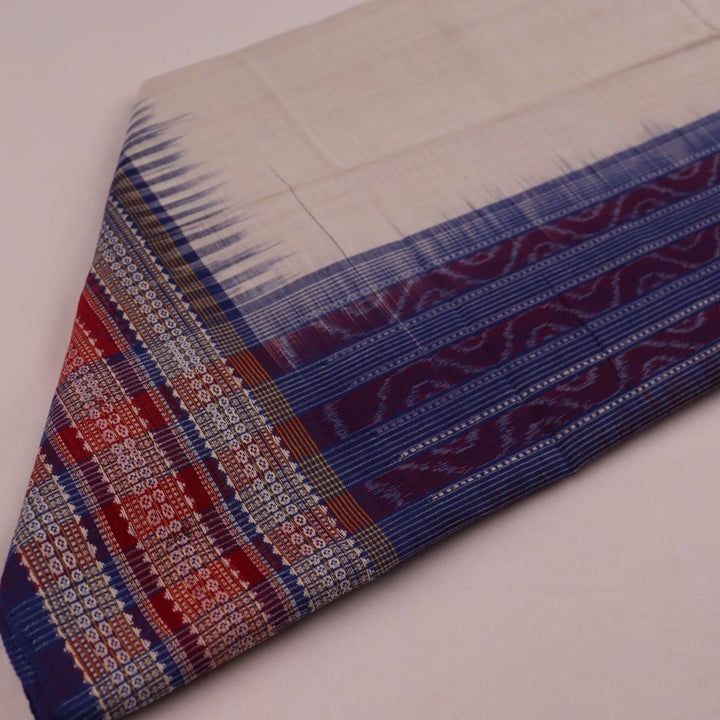 Styling view of a white and blue cotton Sambalpuri dupatta with plain pattern