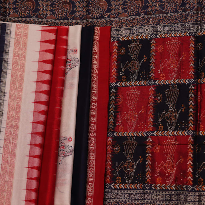 Image 7: Close-up view of the intricate silk fabric texture in white and red colors of a Bomkai saree