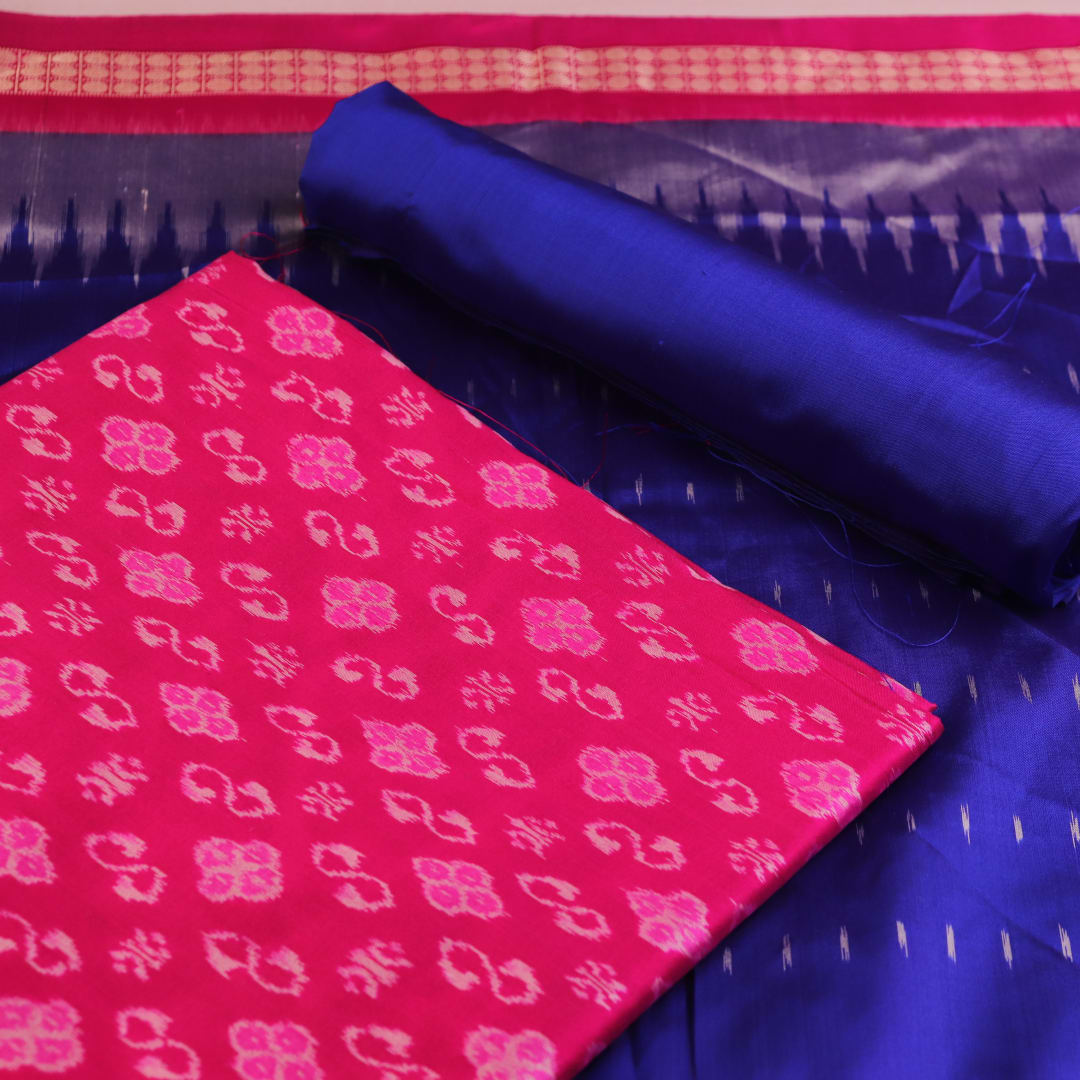 Pink & Blue Sambalpuri Silk handloom dress material blouse piece with motifs.