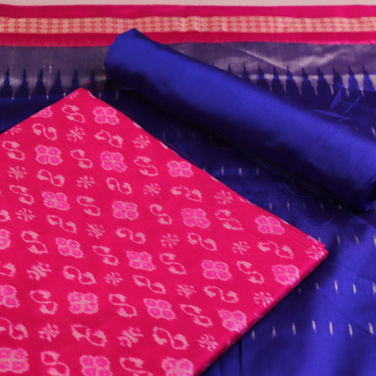 Pink & Blue Sambalpuri Silk handloom dress material blouse piece with motifs.