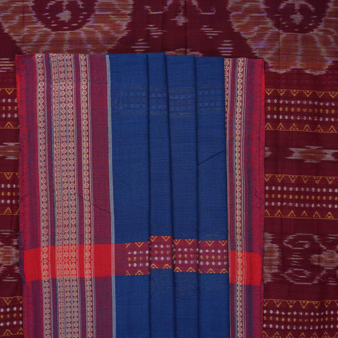 Full layout of the blue and maroon Bomkai cotton saree revealing the complete butta pattern and contrast border.
