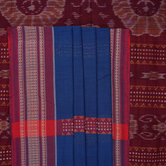 Full layout of the blue and maroon Bomkai cotton saree revealing the complete butta pattern and contrast border.