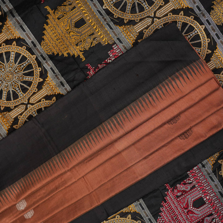 Extreme close-up of brown Bomkai silk saree fabric, revealing rich weave texture and luxurious feel.