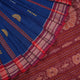 Full layout of the blue and maroon Bomkai cotton saree revealing the complete butta pattern and contrast border.