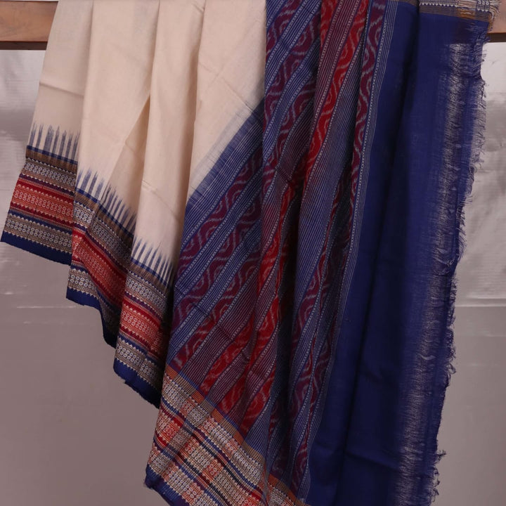 Styling view of a white and blue cotton Sambalpuri dupatta with plain pattern