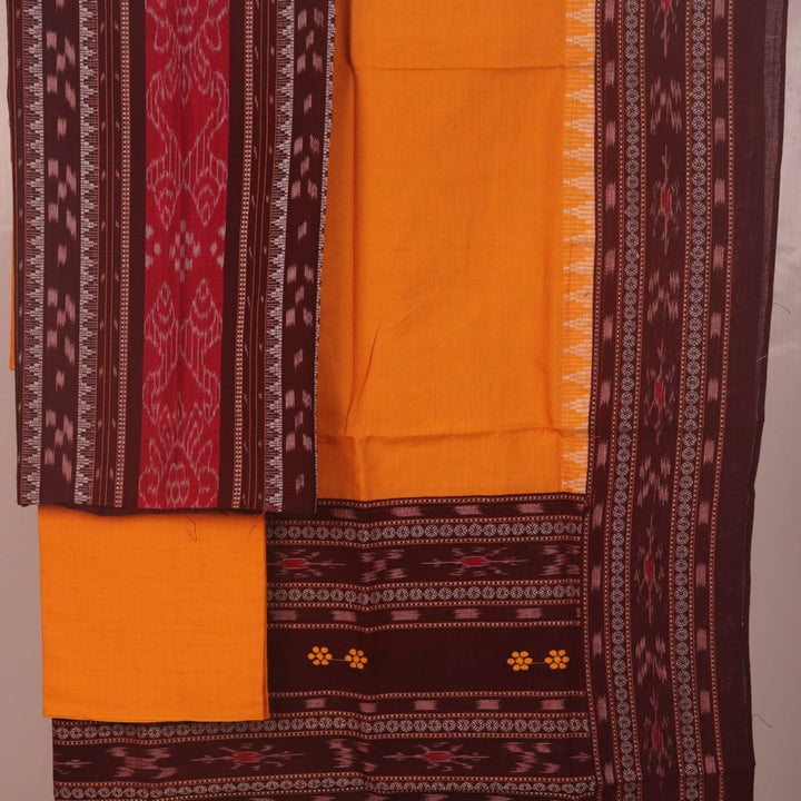 Detail of maroon & yellow Sambalpuri cotton dress material's motif-patterned blouse piece.