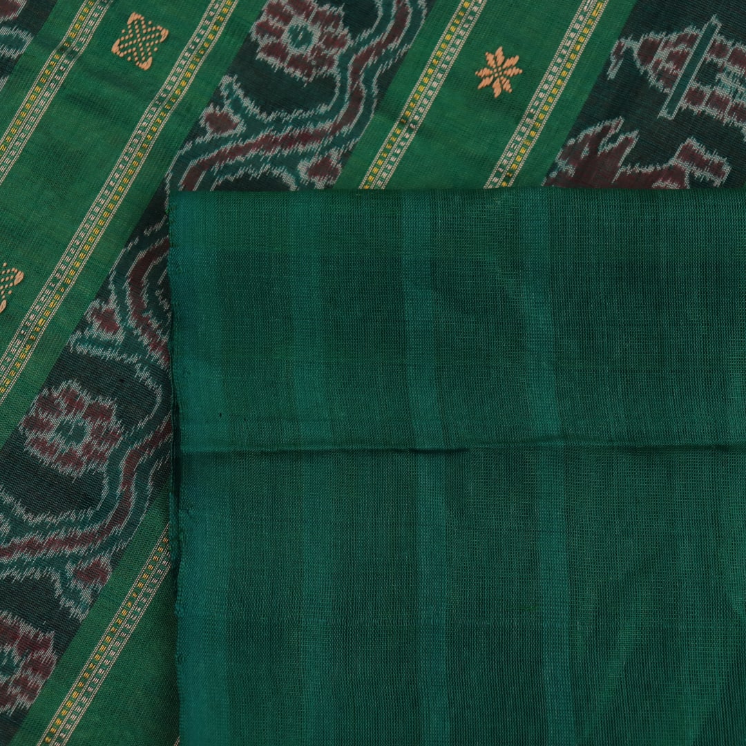 Full view of a Cream and Green Cotton Sambalpuri Butta Saree