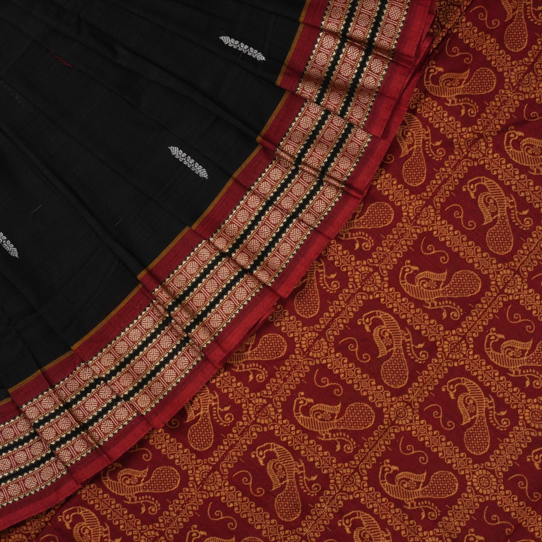 Full flat layout of the black and maroon Bomkai cotton saree with traditional butta patterns and pallu.