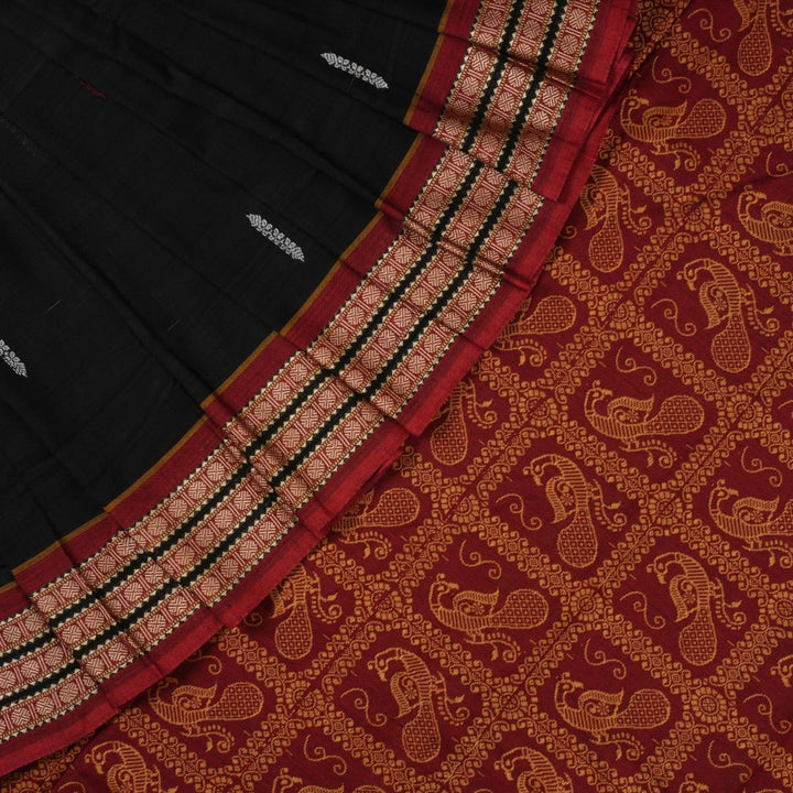 Full flat layout of the black and maroon Bomkai cotton saree with traditional butta patterns and pallu.