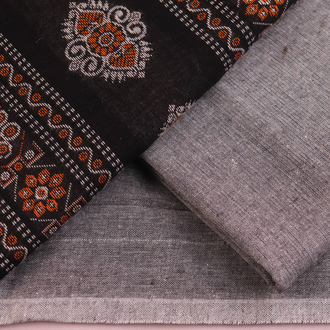 Detailed view of the matching black and grey Bomkai Cotton blouse piece with subtle weave pattern.