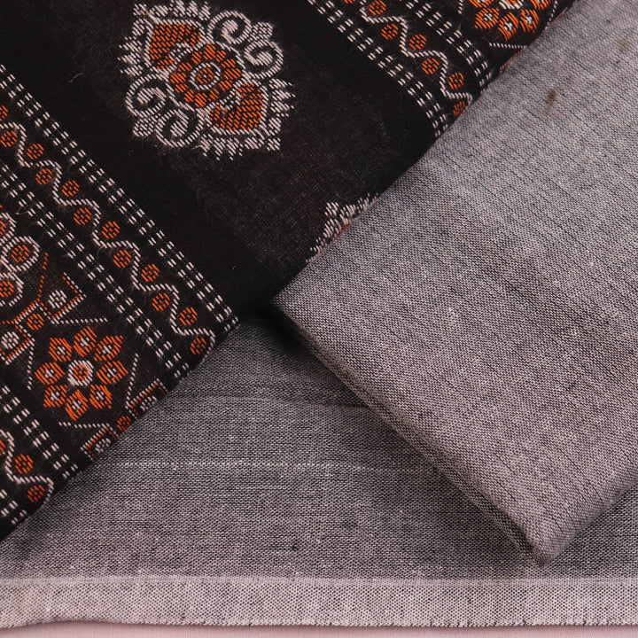 Detailed view of the matching black and grey Bomkai Cotton blouse piece with subtle weave pattern.