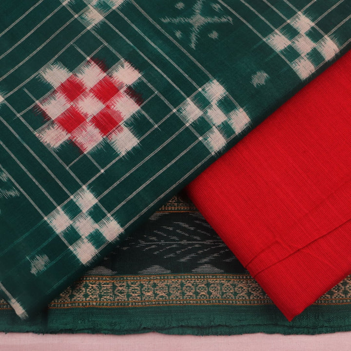 Detail of the red and green Pasapalli patterned blouse piece of the Sambalpuri cotton dress material.