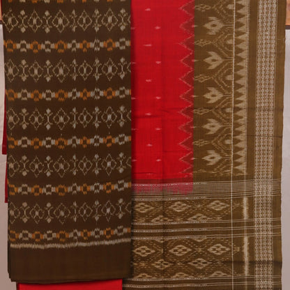 Green Sambalpuri cotton dress material blouse piece with red motifs.