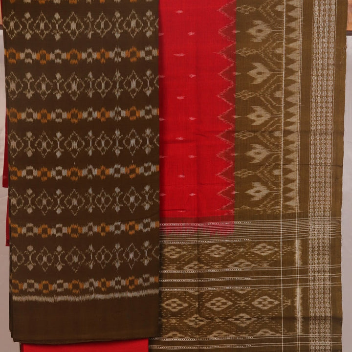 Green Sambalpuri cotton dress material blouse piece with red motifs.