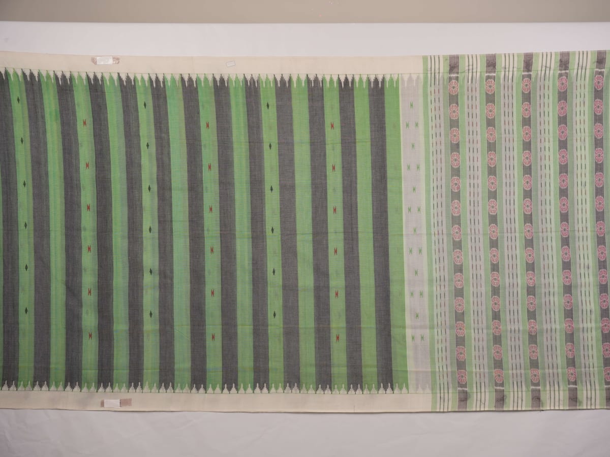 Full-length layout of the green and white striped Sambalpuri cotton saree showing the complete design.