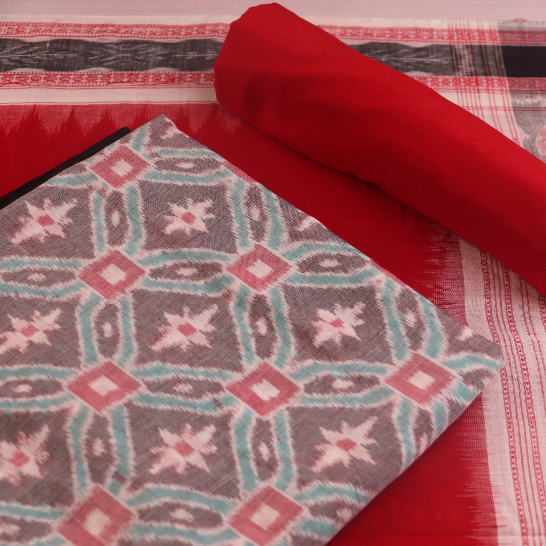 Grey Sambalpuri cotton dress material with red motifs: Detail of matching blouse piece.