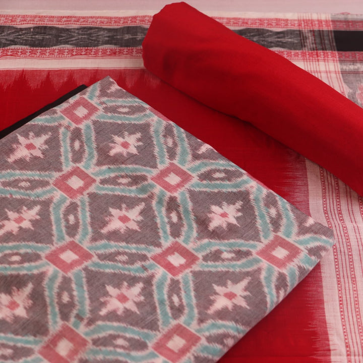 Grey Sambalpuri cotton dress material with red motifs: Detail of matching blouse piece.