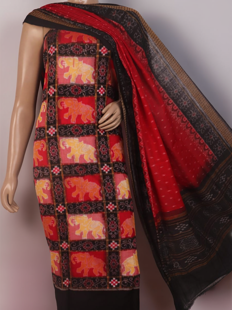 Red and black Sambalpuri Pasapalli cotton dress material blouse piece detail.